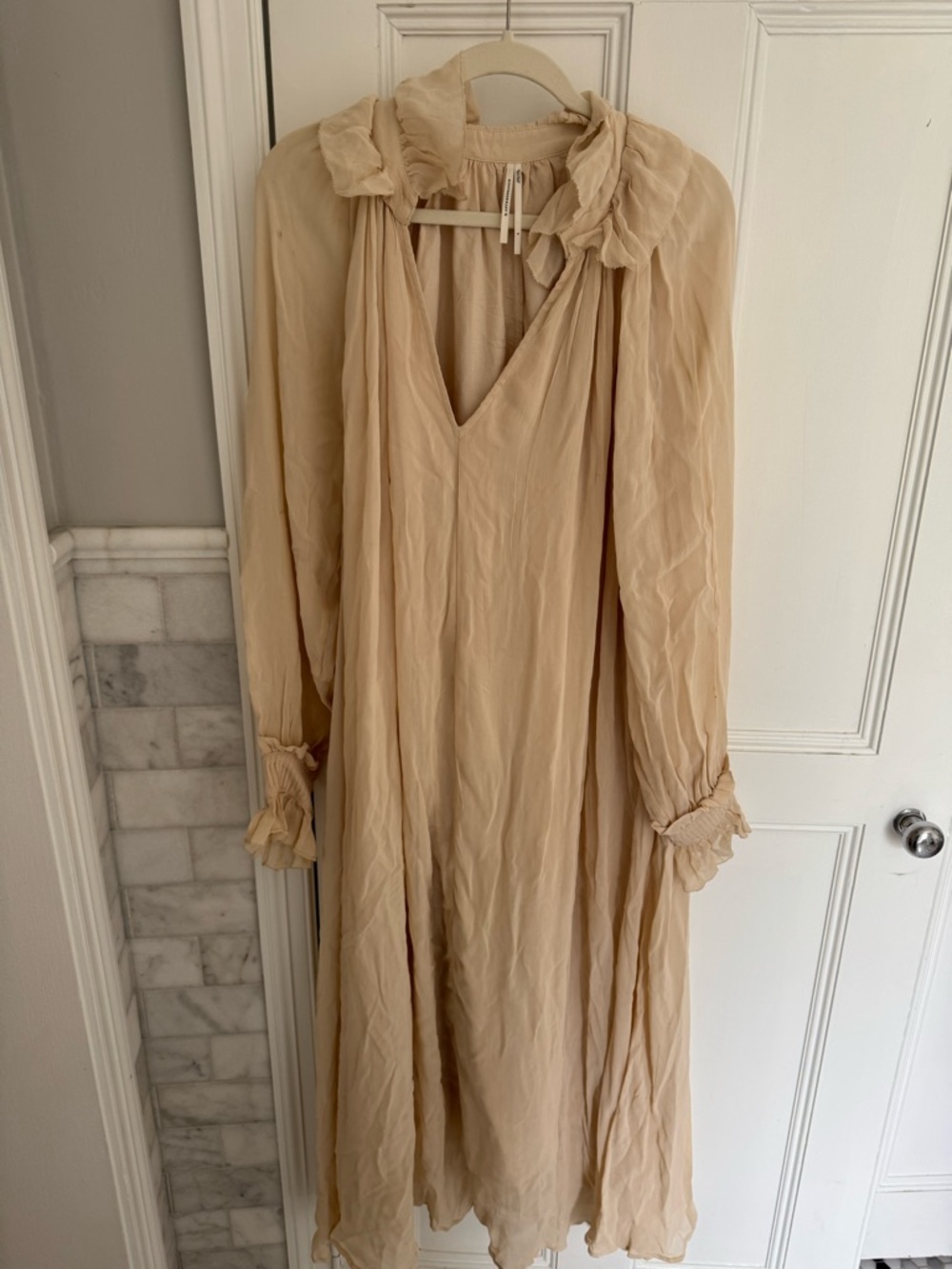 Anthropologie Light Pink Ruffle-Neck Long Sleeve Midi Dress